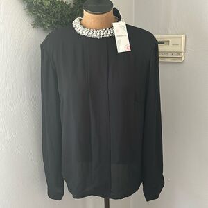 New Make Me Chic classic black dressy blouse with pearl beaded neckline XL